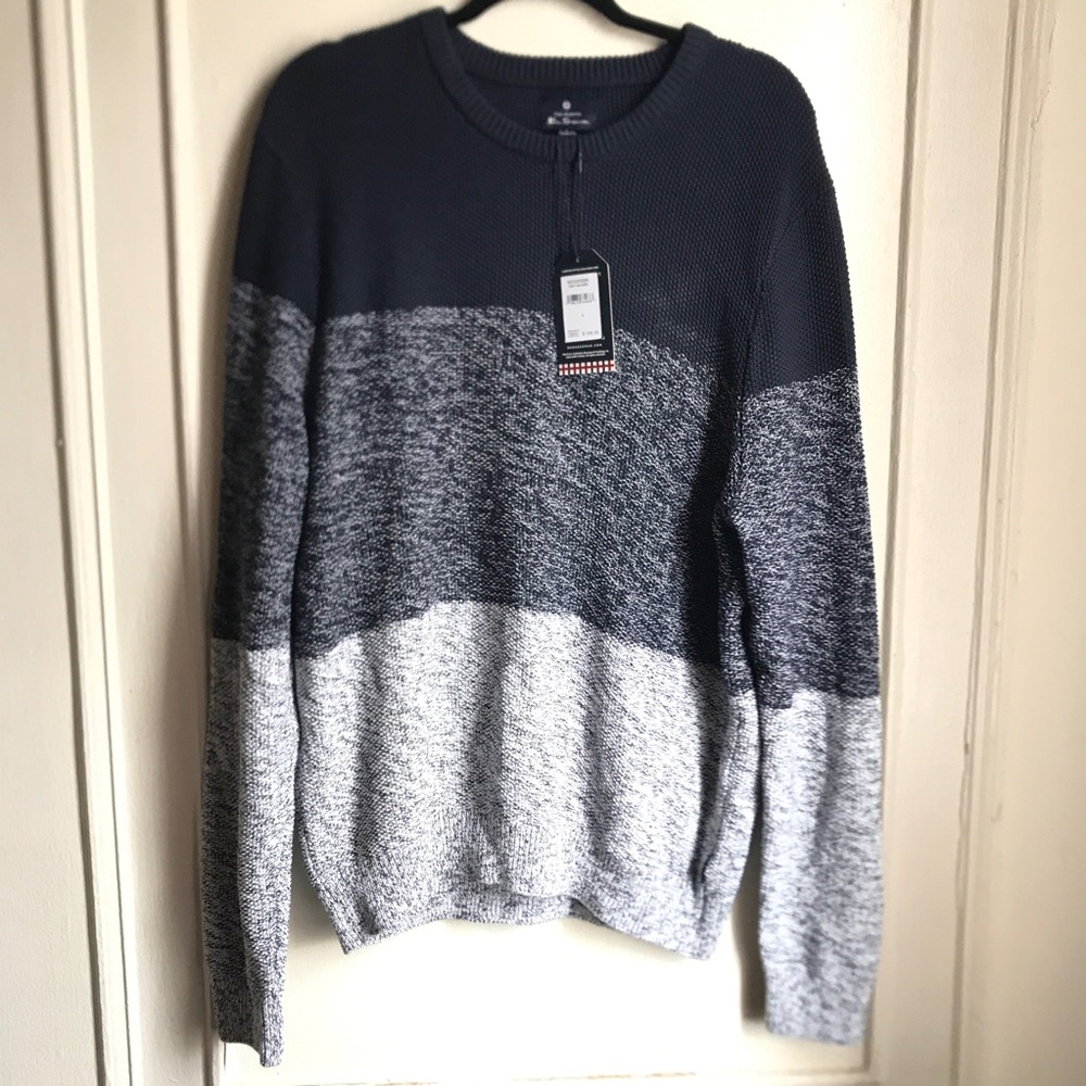 Ben Sherman Knit Crew Neck Sweater Navy White Long Sleeve Men Size L